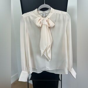 COPY - Chiffon Sheer cream blouse. Ribbon Collar Tie Neck & Covered Buttons.